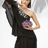 Black One Shoulder Top With Draped Skirt