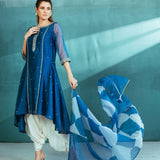 Blue Chanderi Godet Kurta Dhoti Set