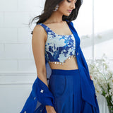 Blue Printed Blouse With Ombre Cape Set
