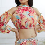 Multicolor Embroidered Top With Tiered Lehenga
