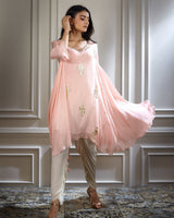 Peach Pink Foil Printed Hand Embroidered Kurta Set