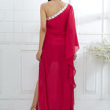 One Shoulder Rani Pink Dress With Side Slit