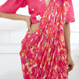 Fuchsia Embroidered Ruffle Saree Set