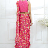 Fuchsia Embroidered Printed Ruffle Saree Set