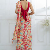 Red Embroidered Printed Ruffle Saree