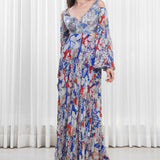 Blue Mist Printed Dress in Pleats & Sequins