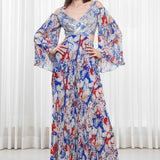 Blue Mist Printed Dress in Pleats & Sequins