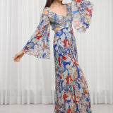 Blue Mist Printed Dress in Pleats & Sequins