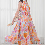 Hibiscus Printed Dress With High Neck Tie Up