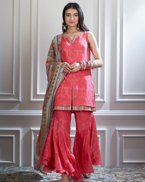 Printed layered short kurta and sharara Set