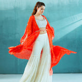 Coral Chiffon Ivory Sharara set
