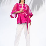 Hot Pink Peplum Top With Ivory Pants Set