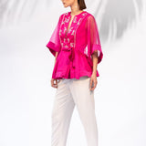 Hot Pink Peplum Top With Ivory Pants Set
