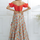 Orange Off Shoulder Printed Lehenga