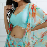 Aqua Embroidered  Printed Sharara Set