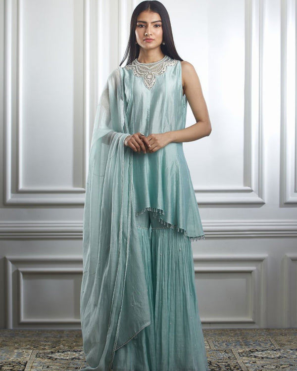 Soft aqua high low kurta Set