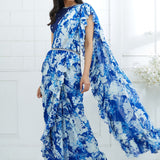 Royal Blue Printed Ruffle Saree