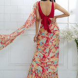 Red Embroidered Printed Ruffle Saree