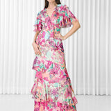 Hibiscus Printed Brasso and Chiffon Ruffled Dress