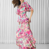 Hibiscus Printed Brasso and Chiffon Ruffled Dress