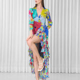 Hibiscus placement ruffled wrap dress