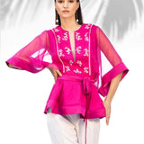 Hot Pink Peplum Top With Ivory Pants Set