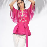 Hot Pink Peplum Top With Ivory Pants Set