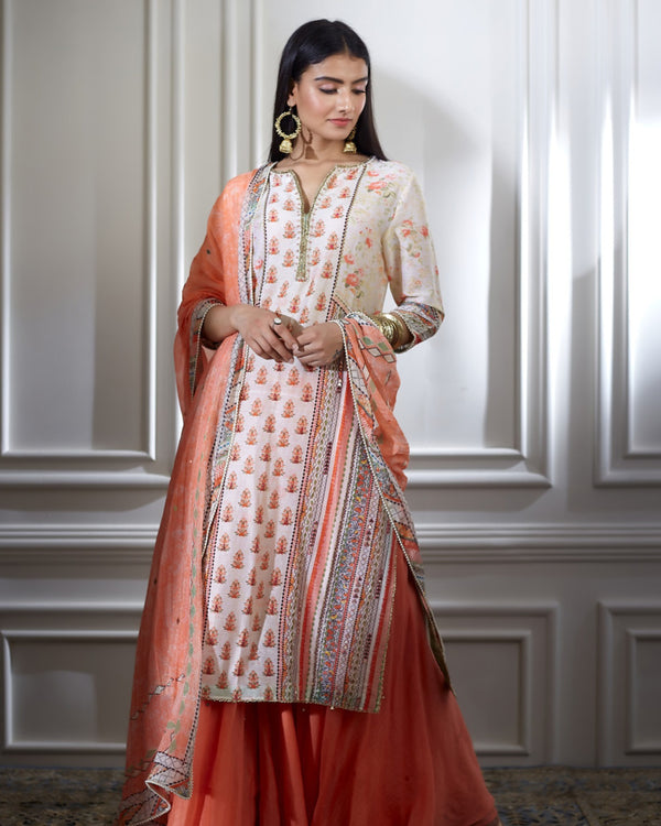 Ivory printed kurta sharara set