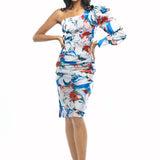Satin Printed One Shoulder Draped Dress