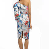 Satin Printed One Shoulder Draped Dress