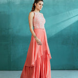 Pink Chanderi Enbroidered Kurta With Sharara