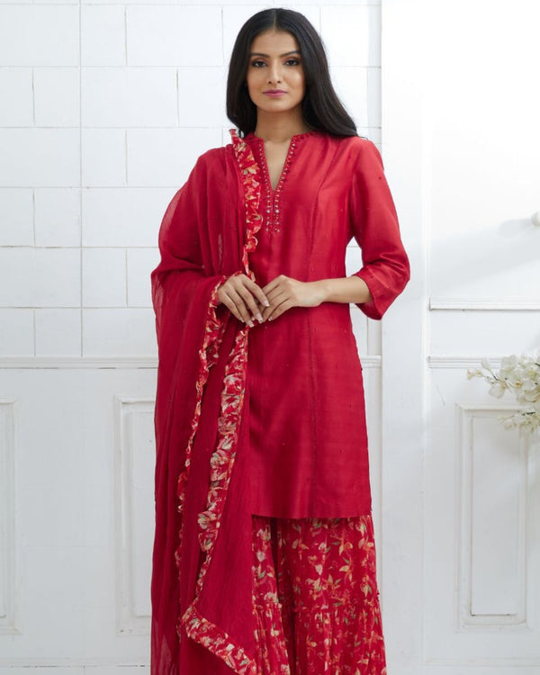 Red Embroidered Kurta And Sharara Set