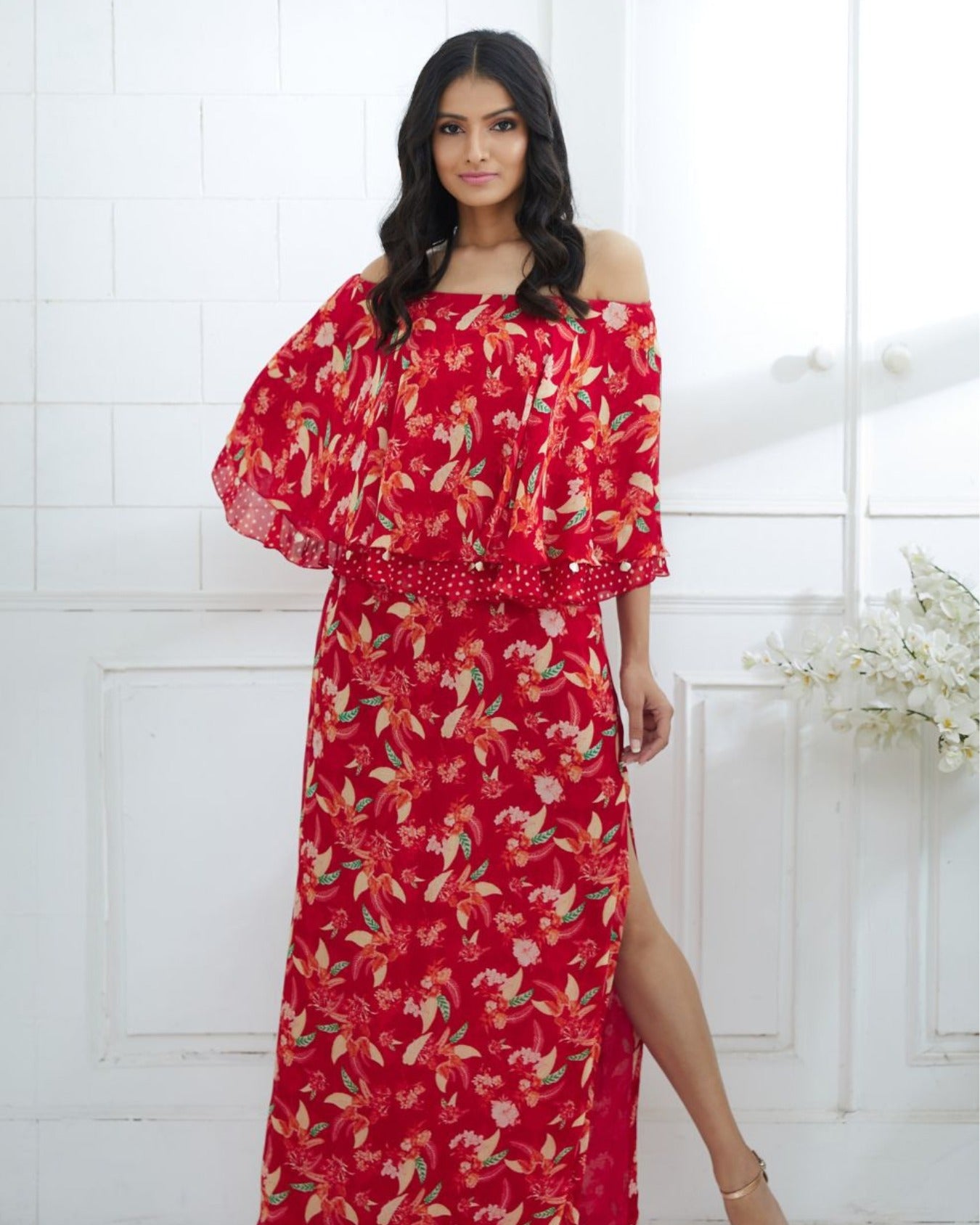 Red Printed Cape Dress With Side Slit