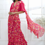 Fuchsia Embroidered Ruffle Saree Set