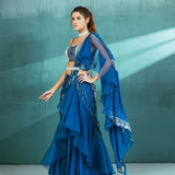 Blue Chiffon Draped Saree Set