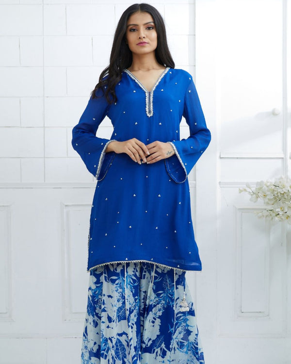 Royal Blue Kurta With Printed Sharara