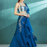 Blue Chiffon Draped Saree Set