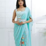 Aqua Embroidered printed Saree