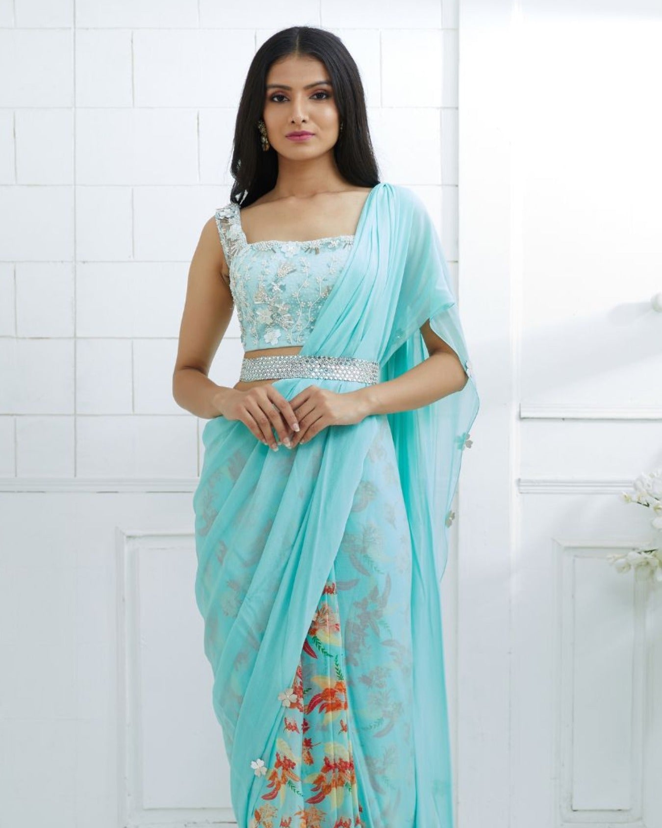 Aqua Embroidered Blouse With Solid/printed Saree