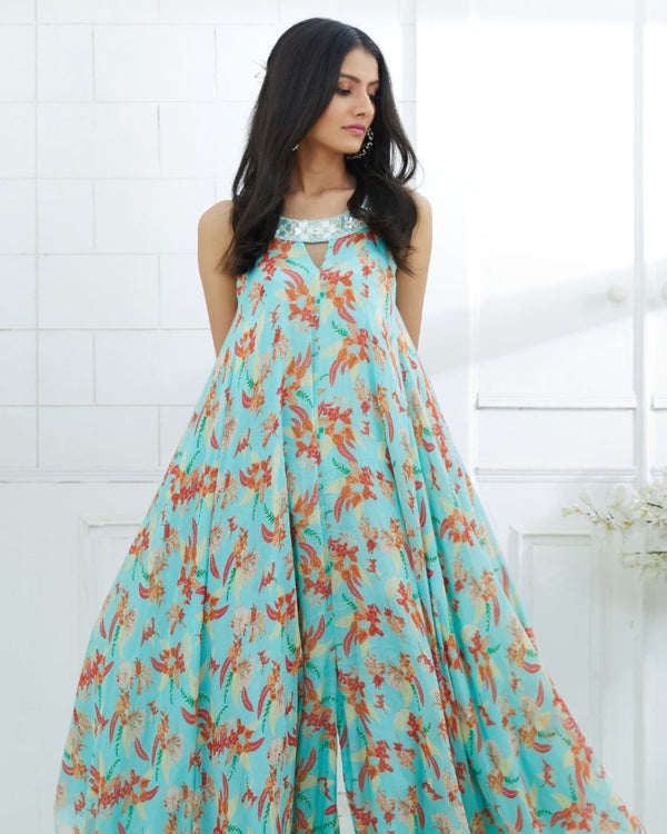 Aqua Printed Embellished Jumpsuit