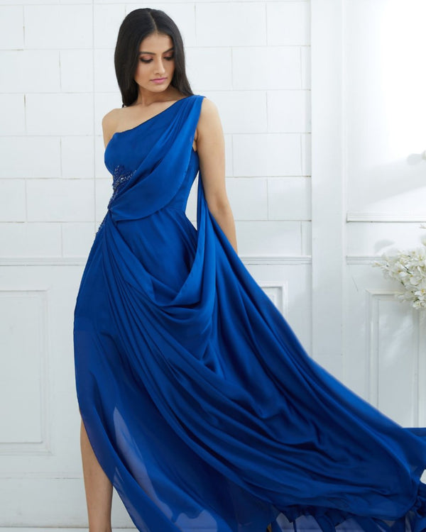 Blue Drape Embellished Gown