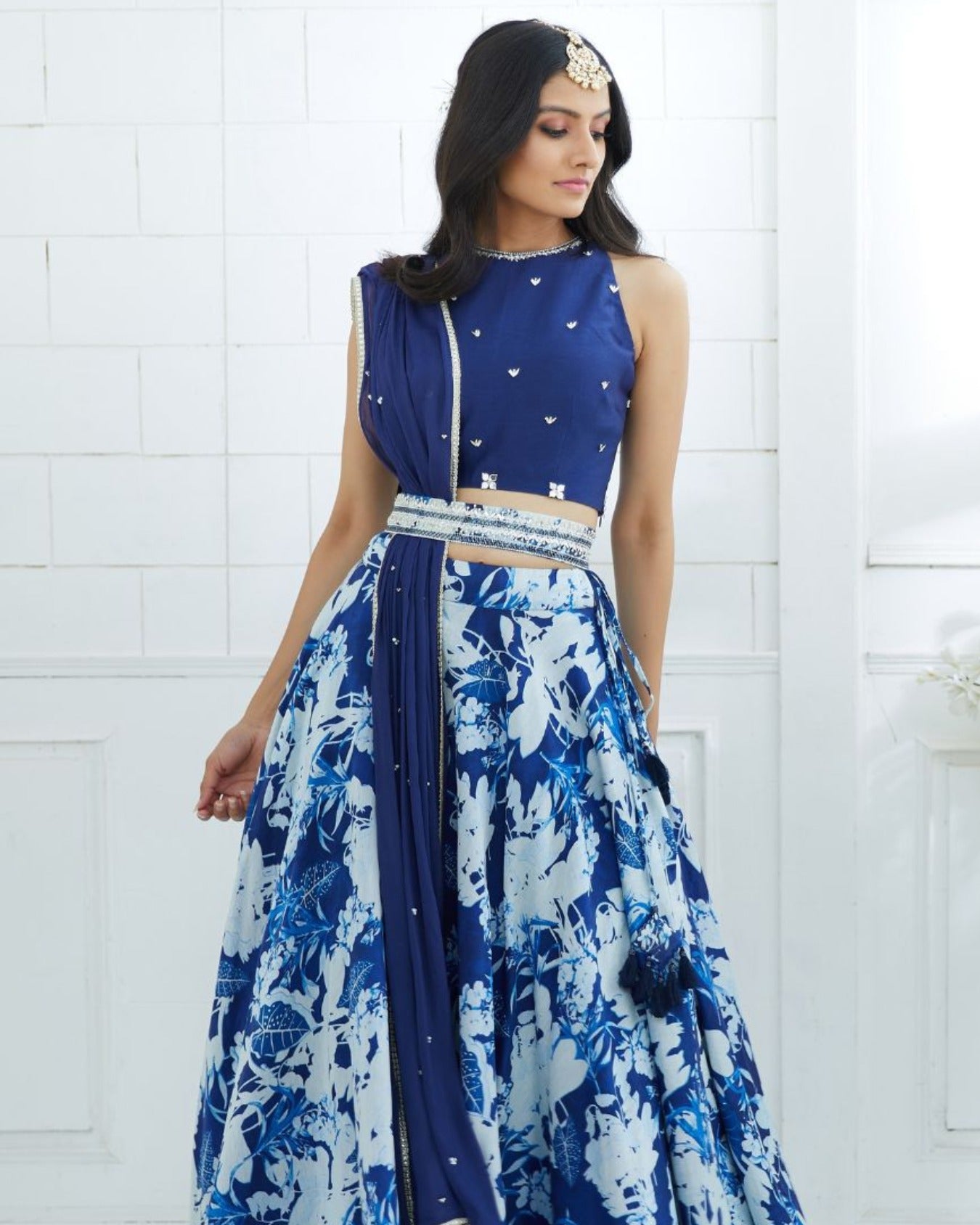 Blue Embroidered Blouse With Printed Lehenga And Dupatta