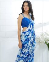 Blue Embroidered Printed Ruffle Saree