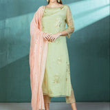 Mint Organza Foil Printed Kurta Pant Set