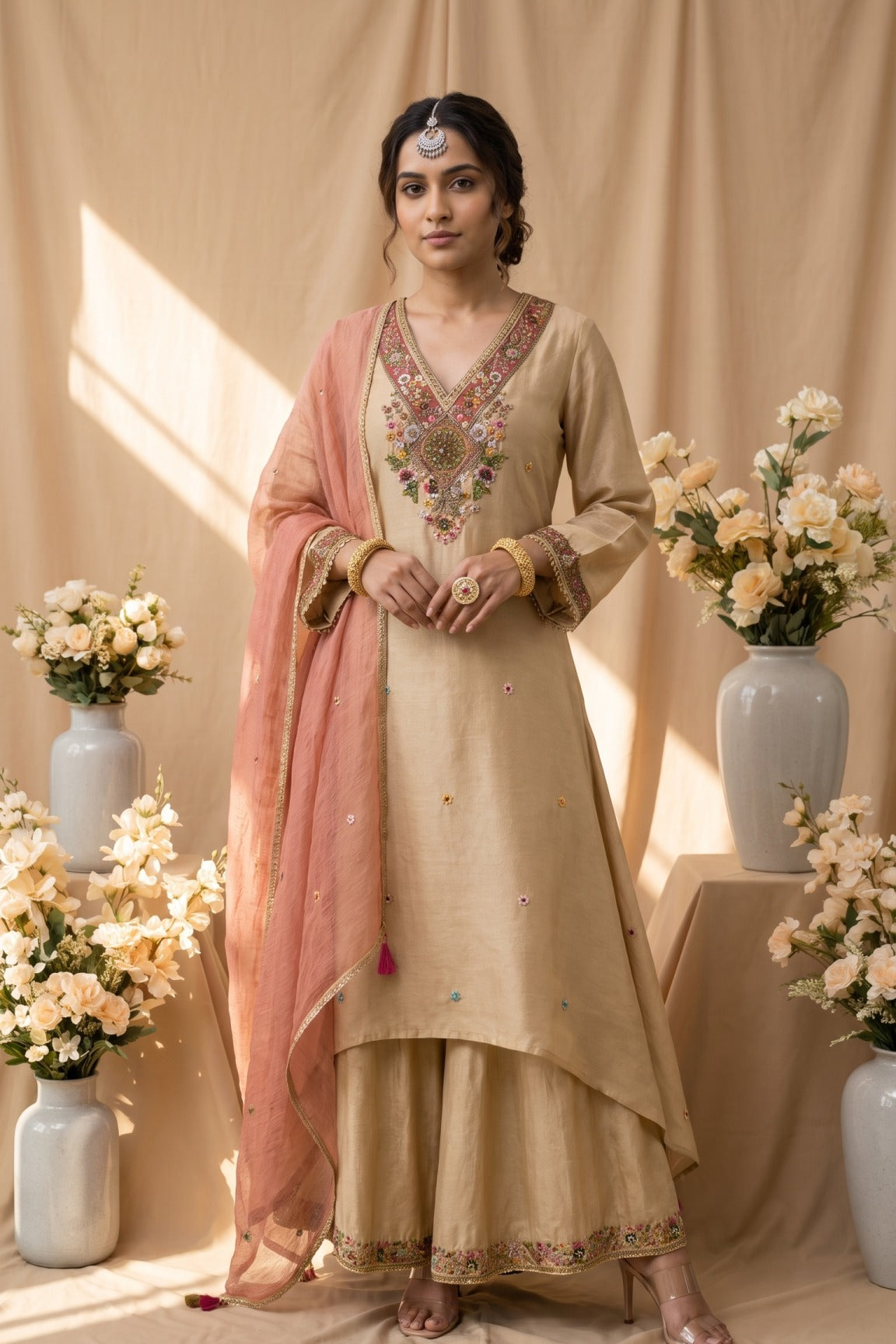 A beige women's salwar kameez suit displayed on a mannequin, featuring a pink dupatta, heavily embroidered multicolor neckline, and floral border detailing on the hem and cuffs, set against a warm beige draped backdrop with decorative flowers.