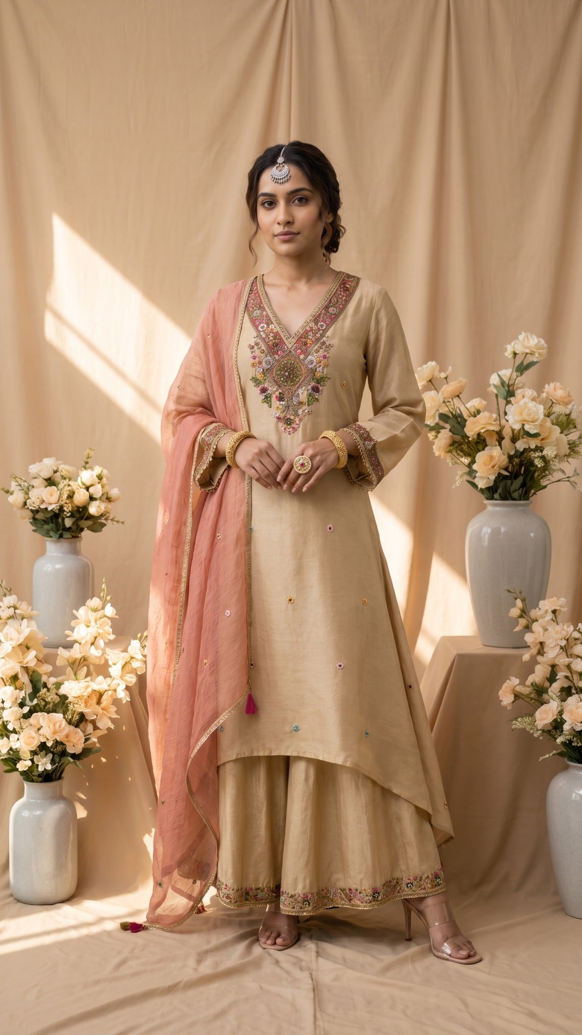 A beige women's salwar kameez suit displayed on a mannequin, featuring a pink dupatta, heavily embroidered multicolor neckline, and floral border detailing on the hem and cuffs, set against a warm beige draped backdrop with decorative flowers.