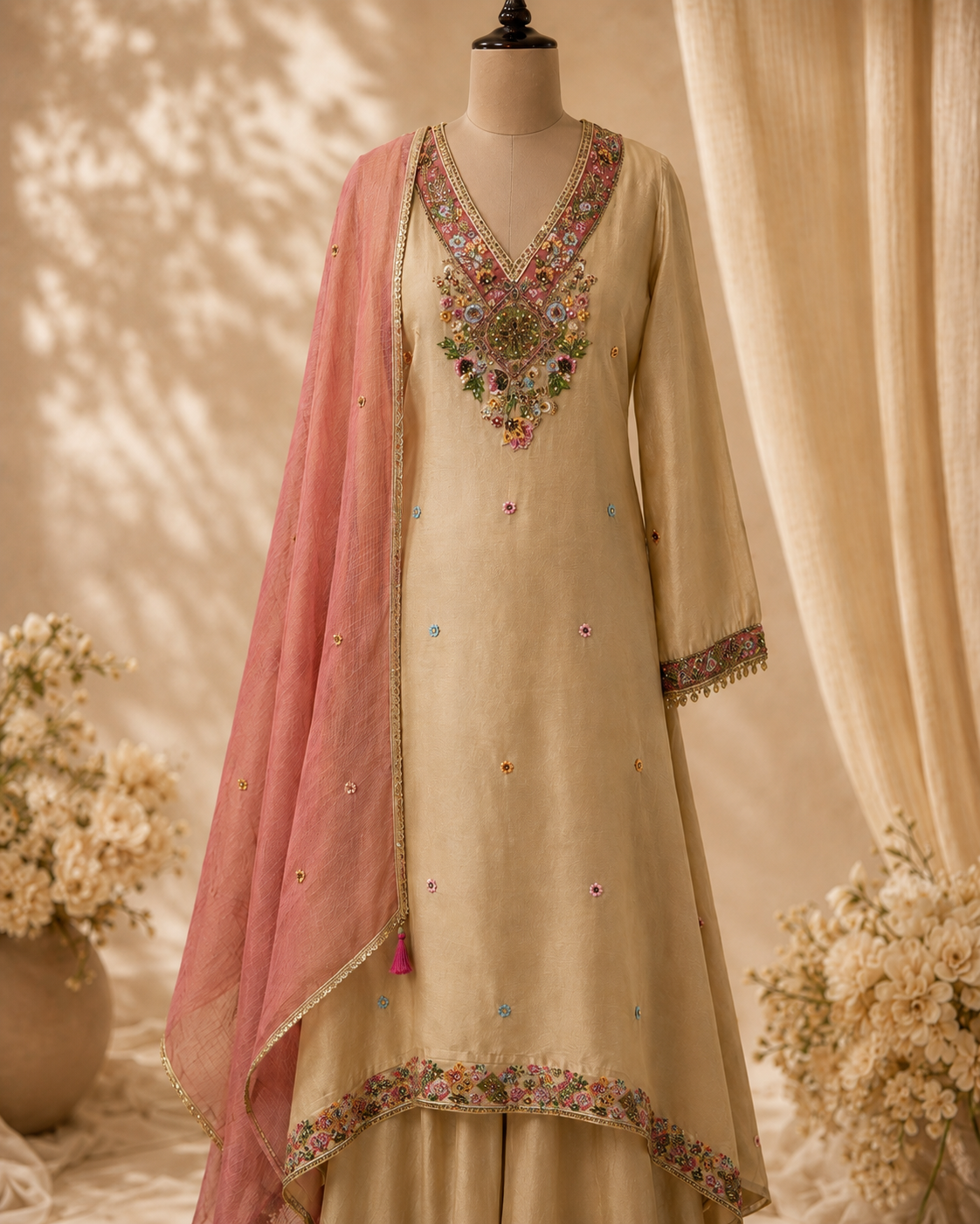 A beige women's salwar kameez suit displayed on a mannequin, featuring a pink dupatta, heavily embroidered multicolor neckline, and floral border detailing on the hem and cuffs, set against a warm beige draped backdrop with decorative flowers.