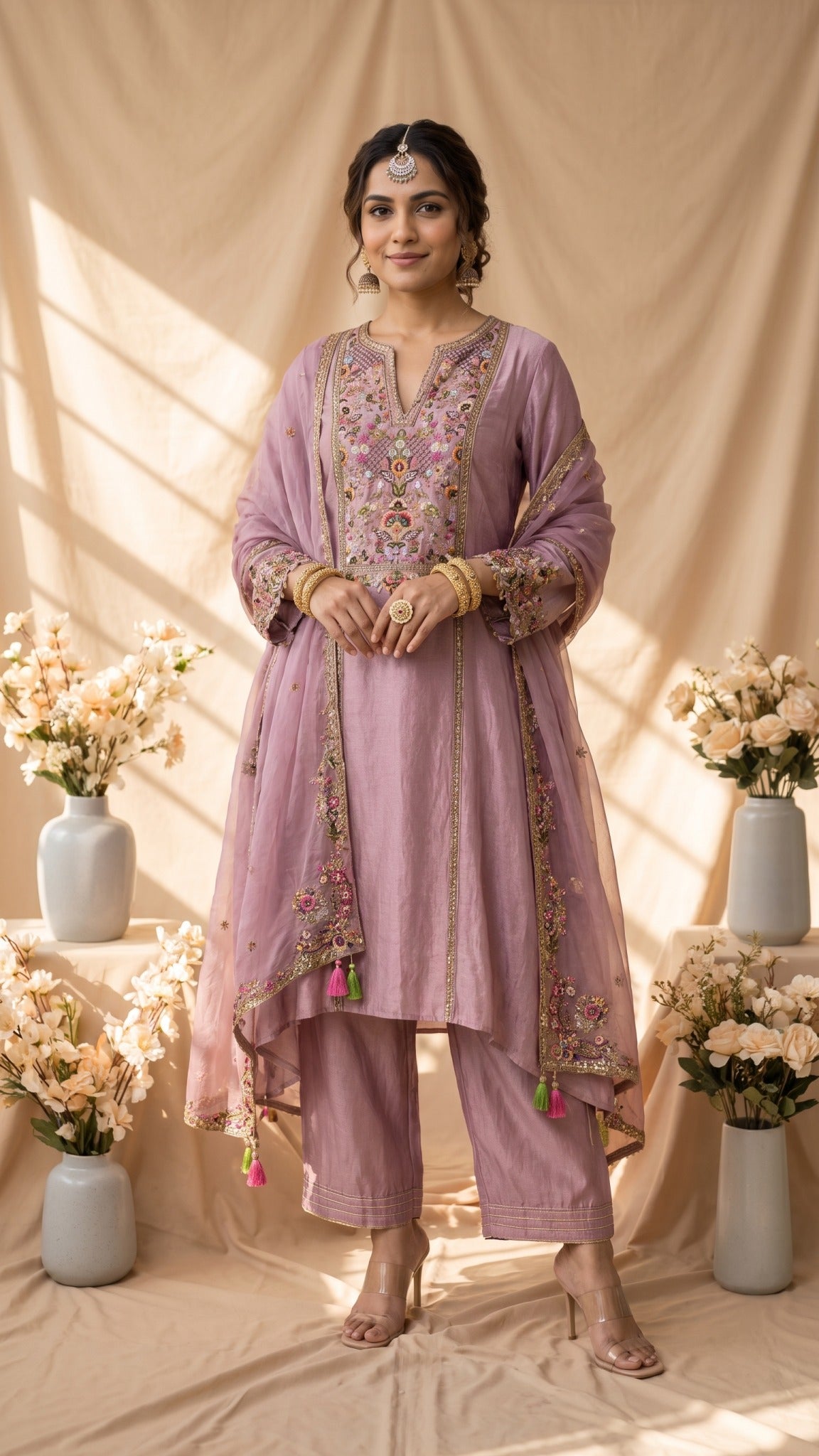 A lavender purple ethnic suit set displayed on a mannequin, featuring a kurta with colorful floral embroidery, matching trousers, and a sheer dupatta draped over a decorative stand in a warm, styled studio setting.