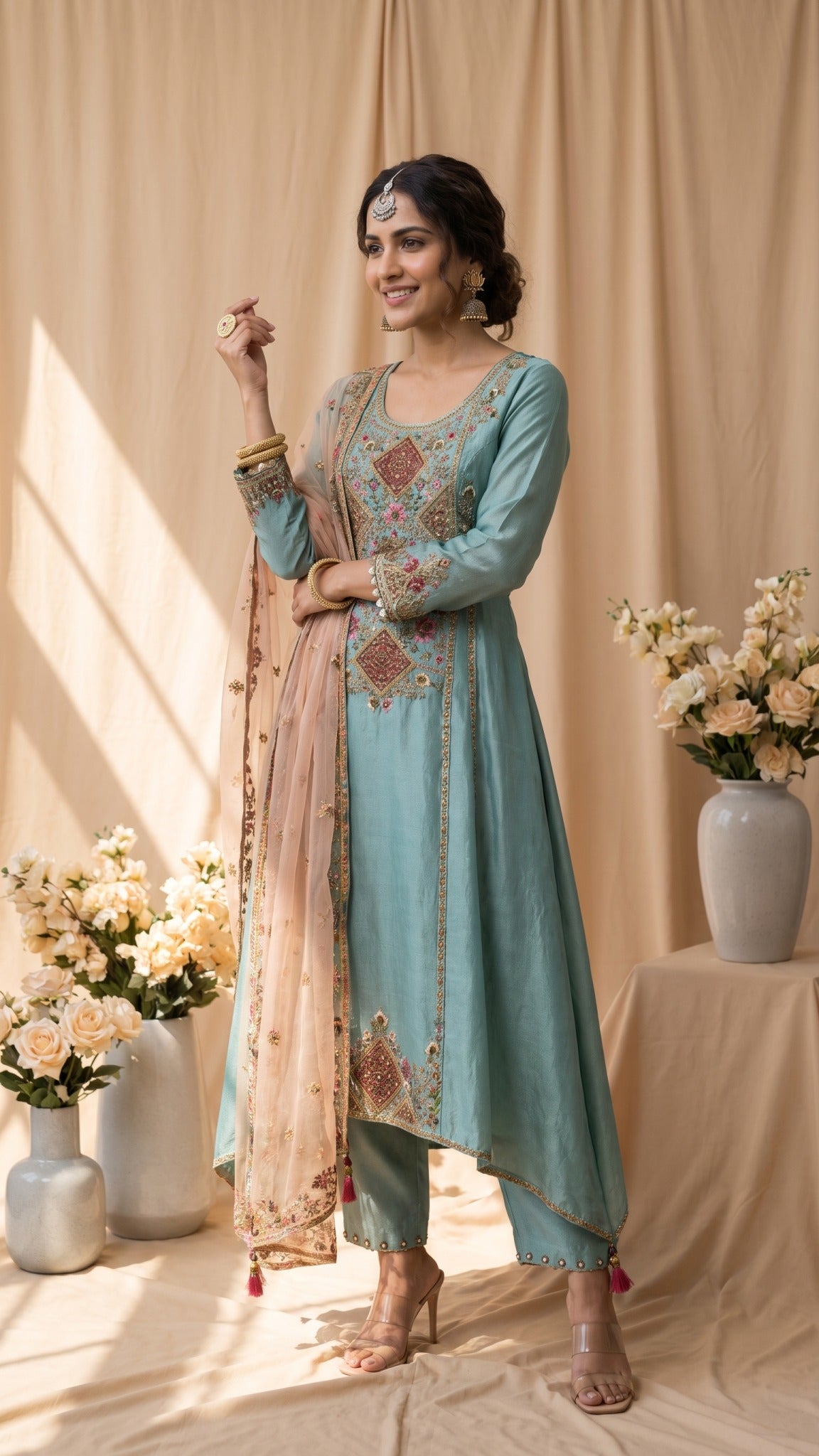 A light blue ethnic salwar kameez suit displayed on a Girl, featuring intricate multicolor floral embroidery on the chest, hem, and sleeves, along with a matching sheer dupatta draped over one shoulder. The background is a warm beige studio setting with draped curtains and decorative floral arrangements.