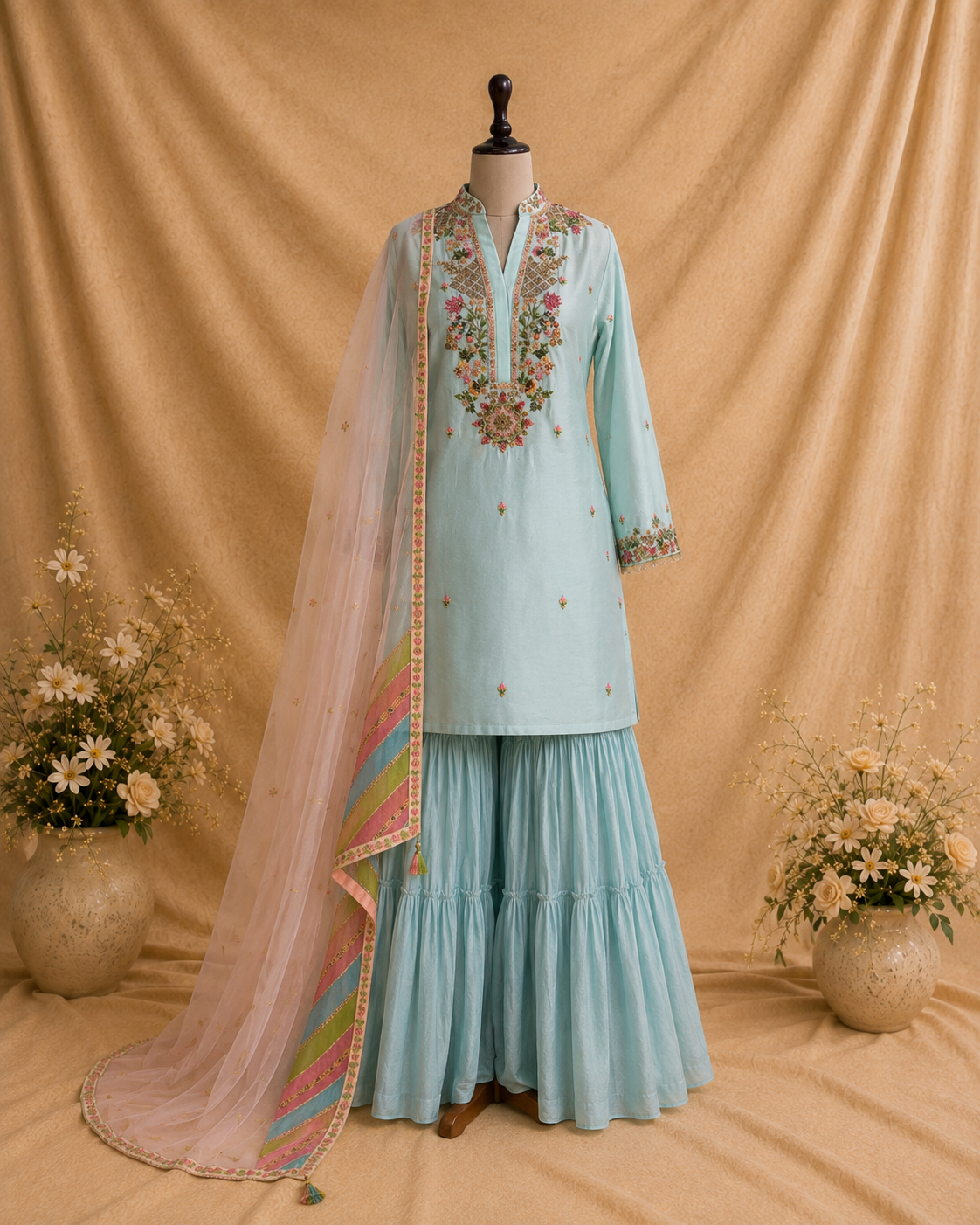  displayed on a mannequin against a draped beige fabric backdrop, with floral embroidery on the neckline, a matching flared skirt, and a sheer dupatta with pastel multicolor borders and gold trim. Decorative flower arrangements sit on both sides.